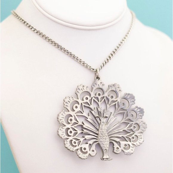 Vintage Large Peacock Pewter Necklace by Reed & Barton, 24 Inches, K28 - Picture 3 of 4